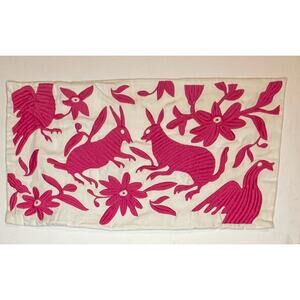 8 Oak Lane Otomi Rabbit & Bird Embroidery Pillow Bohemian Farmhouse Chic 12x24”
